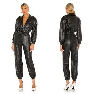 Lovers + Friends Black Faux Croc Belted Jumpsuit M